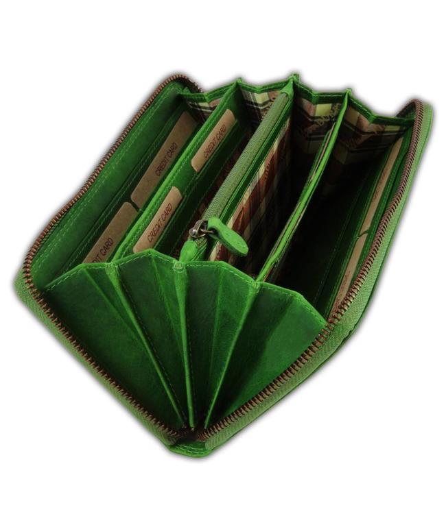 HillBurry VL77706 Leren Dames Rits Portemonnee - Portefeuille vrouw - Vintage Pull-up Leer - Groen