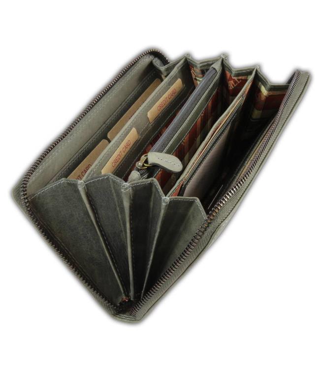 HillBurry VL77706 Leren Dames Rits Portemonnee - Portefeuille vrouw - Vintage Pull-up Leer - Grijs