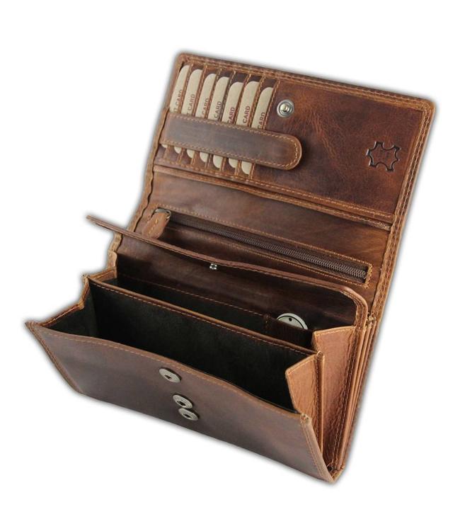 HillBurry Leren Dames Portemonnee – Overslag Model – Veel Ruimte voor Pasjes – Robuust Leer - Vintage Bruin