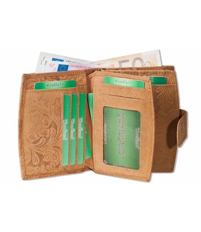 Woodland Leren Rits Portemonnee Dames met Bloemenprint Cognac