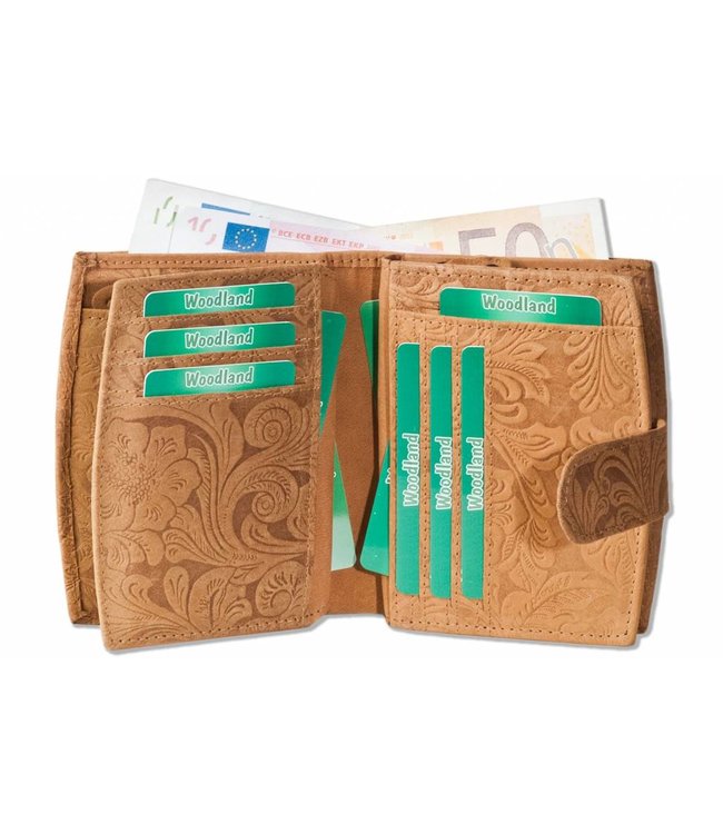 Woodland Leren Rits Portemonnee Dames met Bloemenprint Cognac