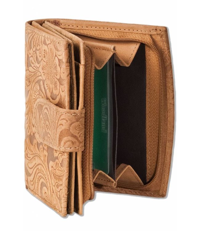 Woodland Leren Rits Portemonnee Dames met Bloemenprint Cognac