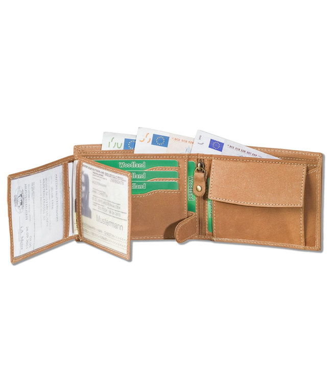 Woodland Heren Portemonnee Billfold met RFID Bescherming Leer Cognac