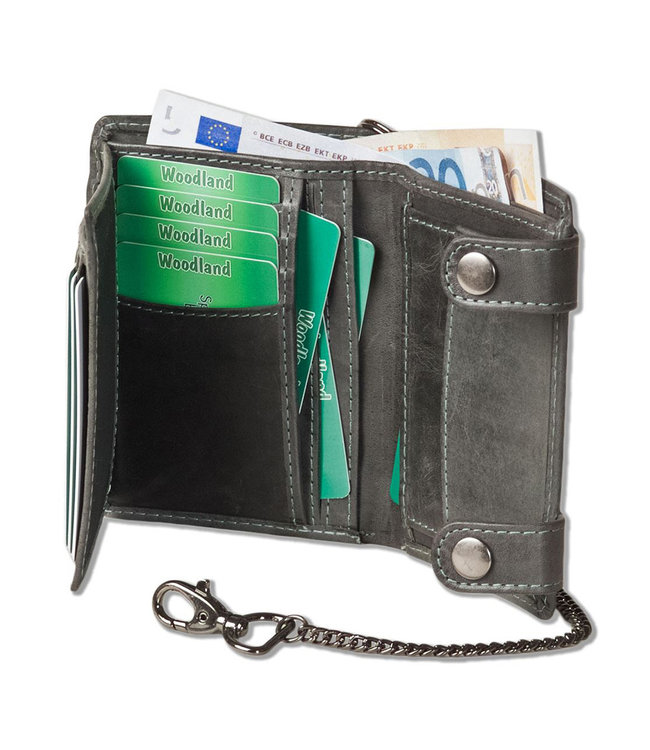 Woodland Biker portemonnee met ketting RFID | Echt Leer | Grijs