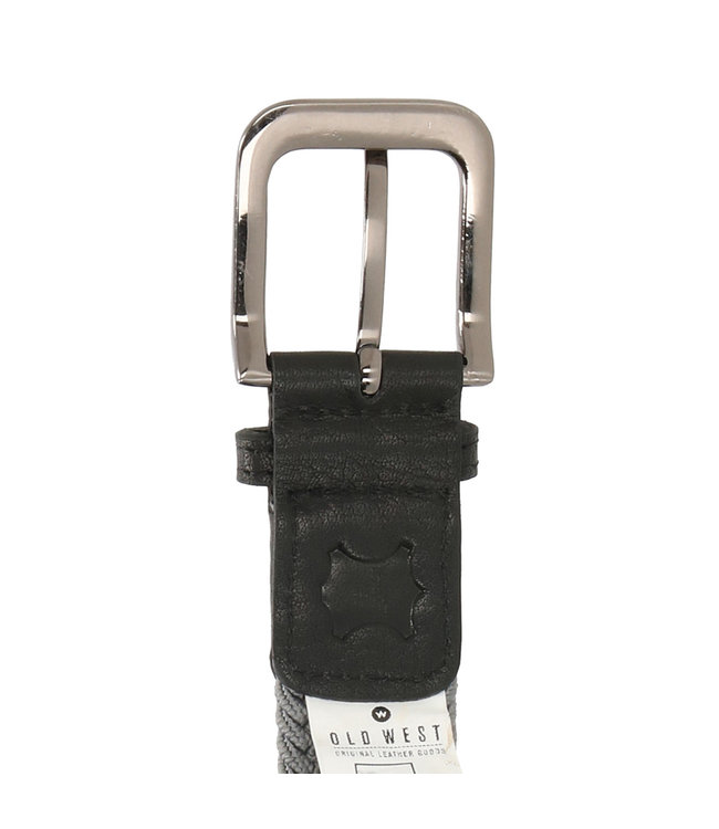Old West Geweven Elastische Riem Stretch - Rekbaar Elastiek met echt Leer – Grijs