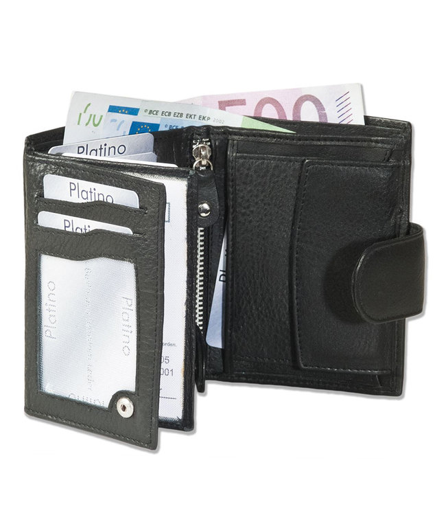 Platino Leren Portemonnee met Clip - Portefeuille voor Dames en Heren - met Drukknoop sluiting - Hoogwaardig nappa leer - Zwart