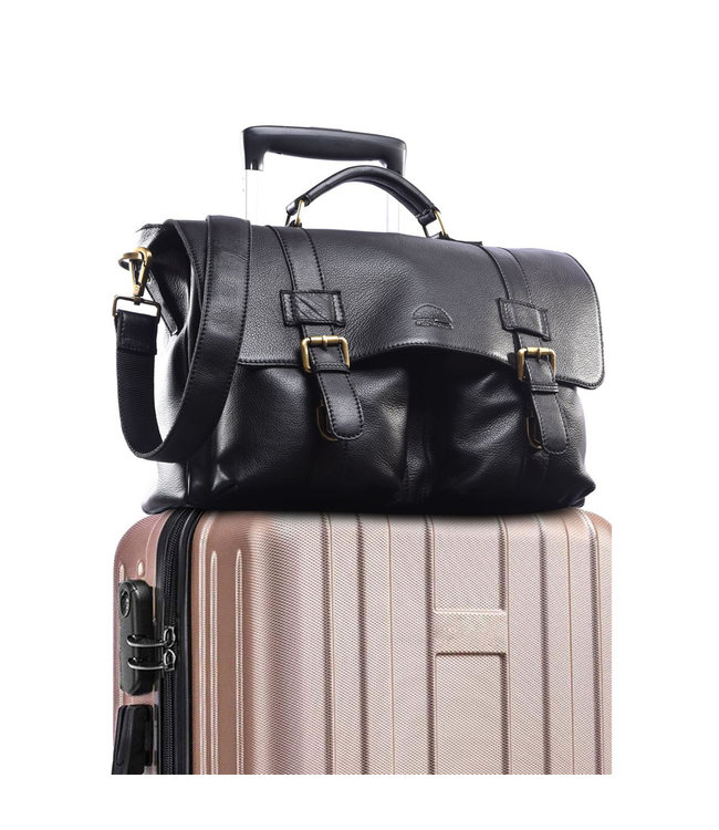 WILD WOODS Ruime Leren Aktetas met Schouderband – 15,6 inch laptopvak – Schoudertas – Hoogwaardig Nappa Leer – Zwart