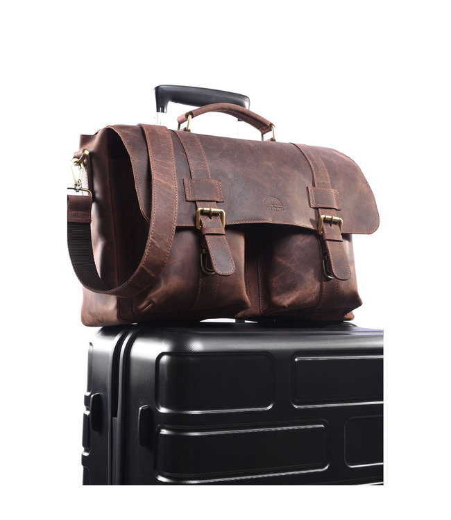 WILD WOODS Ruime Leren Aktetas met Schouderband – 15,6 inch laptopvak – Schoudertas – Buffelleer – Vintage Donkerbruin