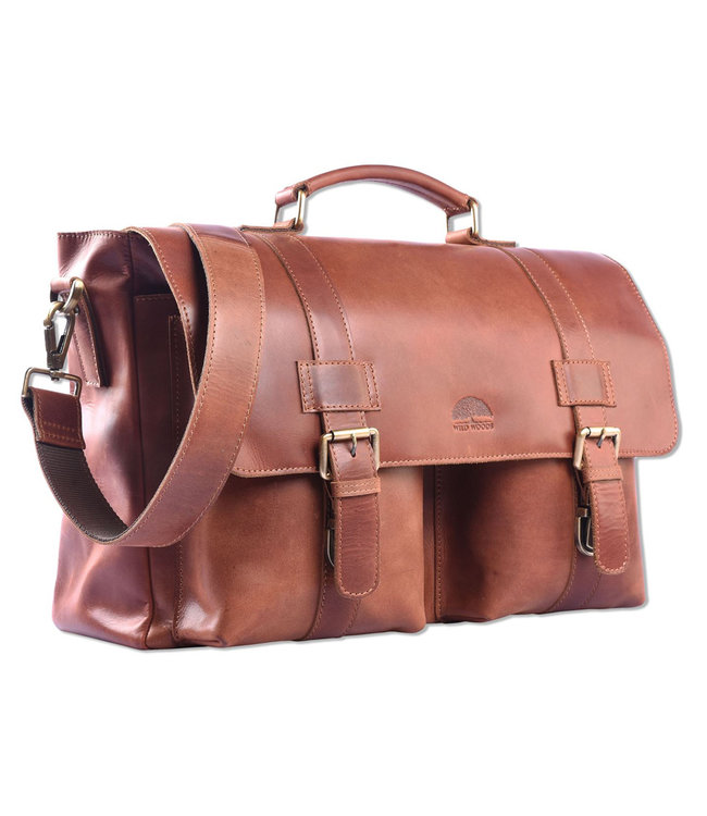 WILD WOODS Ruime Leren Aktetas met Schouderband – 15,6 inch laptopvak – Schoudertas – Oil Pull-up Leer – Cognac