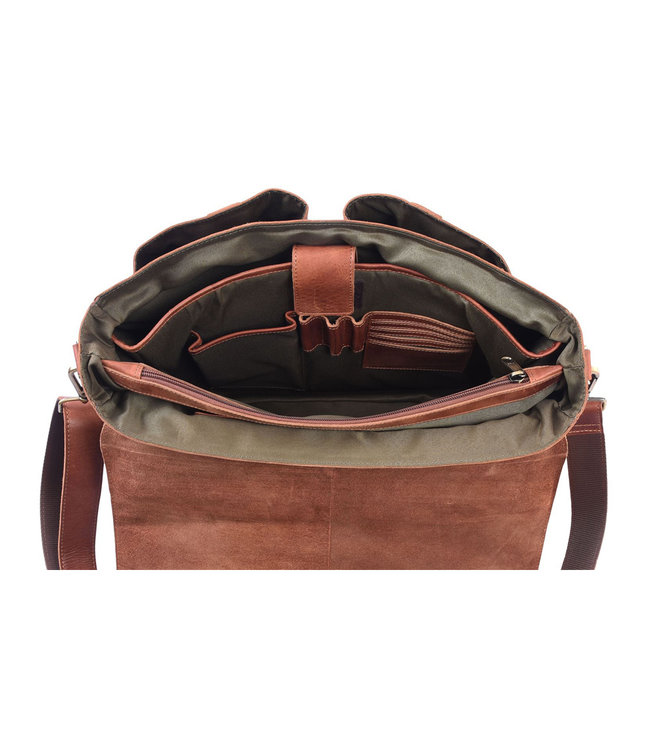 WILD WOODS Ruime Leren Aktetas met Schouderband – 15,6 inch laptopvak – Schoudertas – Oil Pull-up Leer – Cognac
