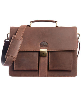WILD WOODS Leren Briefcase Aktetas met 15,6 inch Laptopvak – Business Laptoptas – Buffelleer - Vintage Donkerbruin