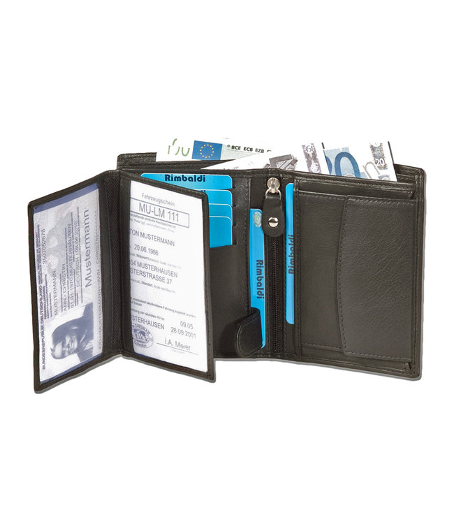 Rimbaldi Leren Billfold Portemonnee - Dames en Heren - Staand model - Nappa Leer - Zwart