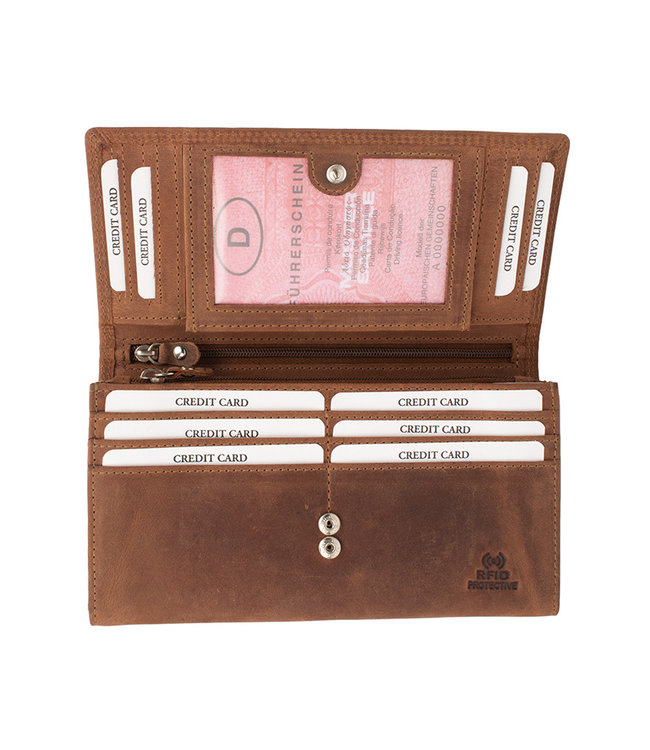 Houtkamp Portemonnee Leer Dames - Overslag - Hunter Leder - Vintage - RFID Anti-skim Protectie - Bruin
