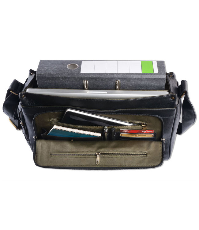 WILD WOODS Leren Messenger Schoudertas 15,6 inch Laptoptas – Unisex – Ronding uit Flap - Nappa Leer - Zwart