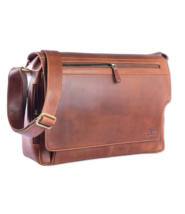 WILD WOODS Leren Messenger Schoudertas 15,6 inch Laptoptas – Unisex – Ronding uit Flap - Pull-up Leer - Cognac