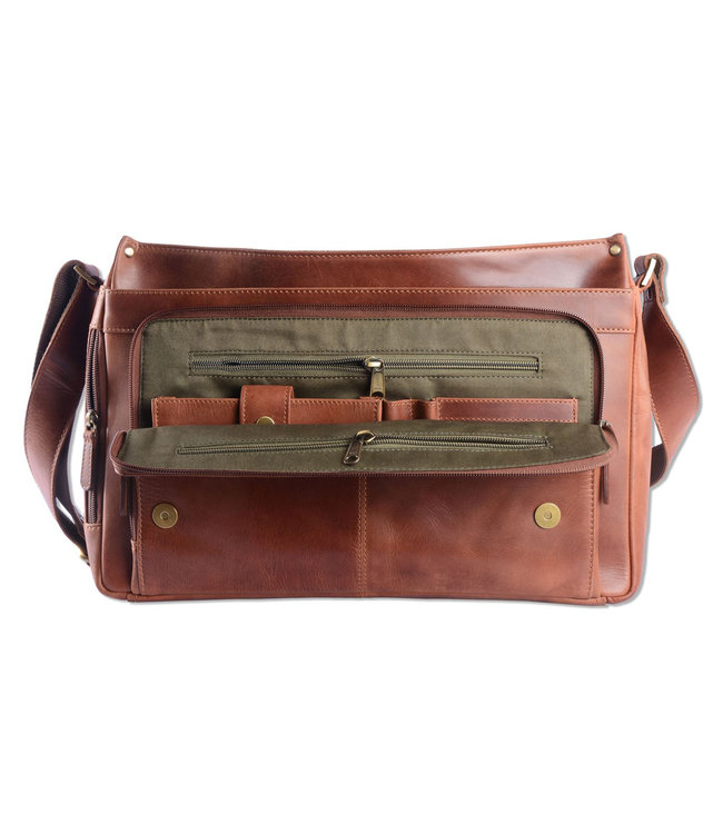 WILD WOODS Leren Messenger Schoudertas 15,6 inch Laptoptas – Unisex – Ronding uit Flap - Pull-up Leer - Cognac