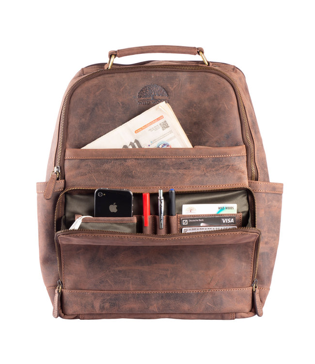 WILD WOODS Leren Unisex Laptop Rugtas 15,6 inch - Dames en Heren Rugzak voor 15 inch Laptop - Buffelleer - Vintage Donkerbruin