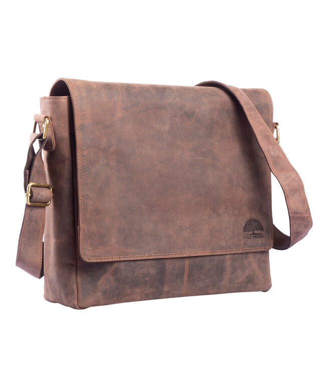 WILD WOODS Leren Messenger Bag XL - Dames en Heren Documententas / Schoudertas - Met Tabletvak - Vintage Buffelleer - Donkerbruin