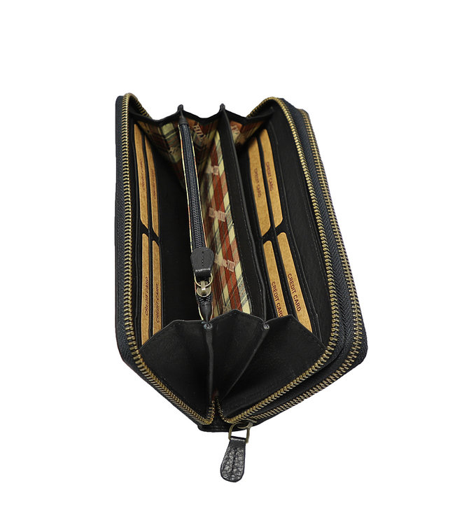 HillBurry Dames Portemonnee met Dubbele Rits - RFID - Premium Zip Around Vrouwen Portefeuille - Vintage Leer - Zwart