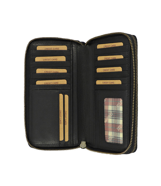 HillBurry Dames Portemonnee met Dubbele Rits - RFID - Premium Zip Around Vrouwen Portefeuille - Vintage Leer - Zwart