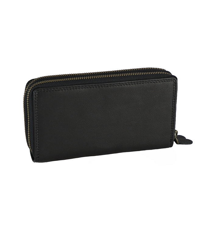 HillBurry Dames Portemonnee met Dubbele Rits - RFID - Premium Zip Around Vrouwen Portefeuille - Vintage Leer - Zwart