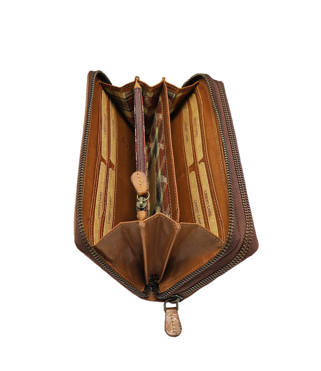 HillBurry Dames Portemonnee met Dubbele Rits - RFID - Premium Zip Around Vrouwen Portefeuille - Vintage Leer - Bruin