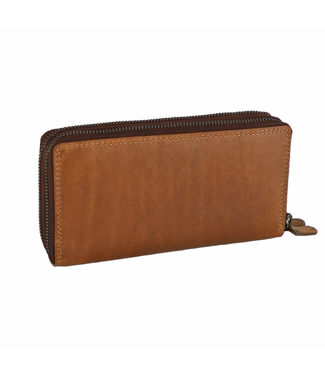 HillBurry Dames Portemonnee met Dubbele Rits - RFID - Premium Zip Around Vrouwen Portefeuille - Vintage Leer - Bruin