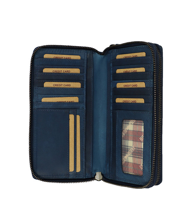 HillBurry Dames Portemonnee met Dubbele Rits - RFID - Premium Zip Around Vrouwen Portefeuille - Vintage Leer - Blauw