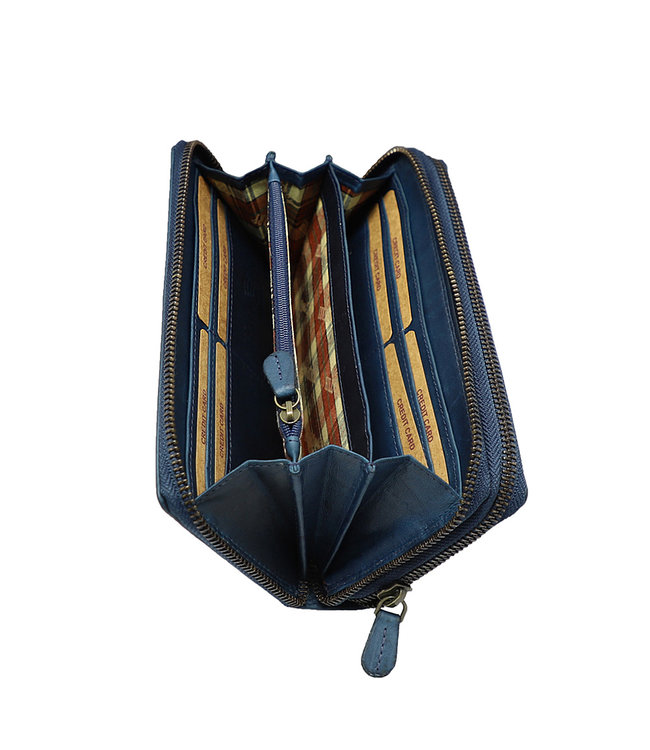 HillBurry Dames Portemonnee met Dubbele Rits - RFID - Premium Zip Around Vrouwen Portefeuille - Vintage Leer - Blauw