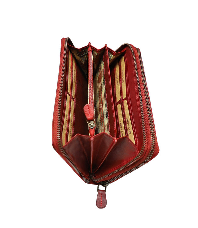 HillBurry Dames Portemonnee met Dubbele Rits - RFID - Premium Zip Around Vrouwen Portefeuille - Vintage Leer - Rood