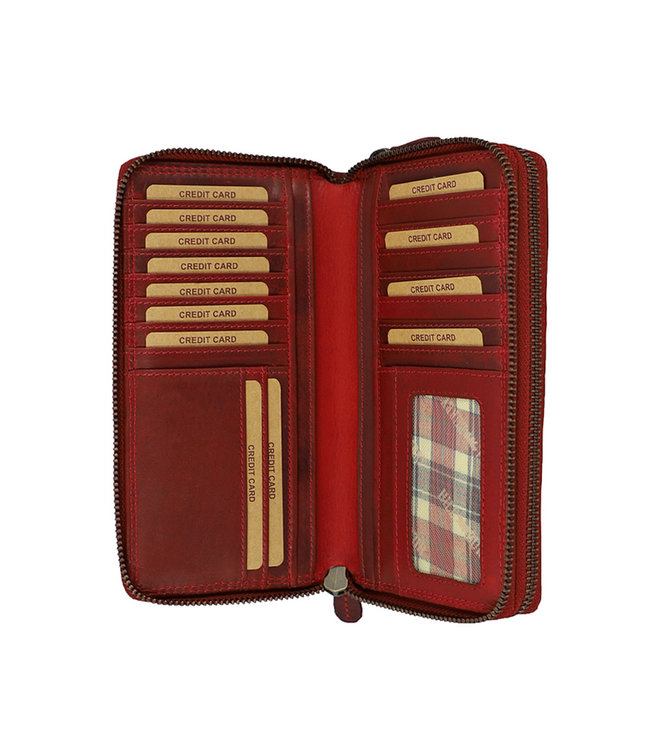 HillBurry Dames Portemonnee met Dubbele Rits - RFID - Premium Zip Around Vrouwen Portefeuille - Vintage Leer - Rood