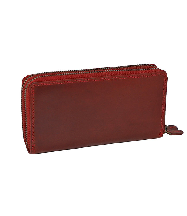HillBurry Dames Portemonnee met Dubbele Rits - RFID - Premium Zip Around Vrouwen Portefeuille - Vintage Leer - Rood