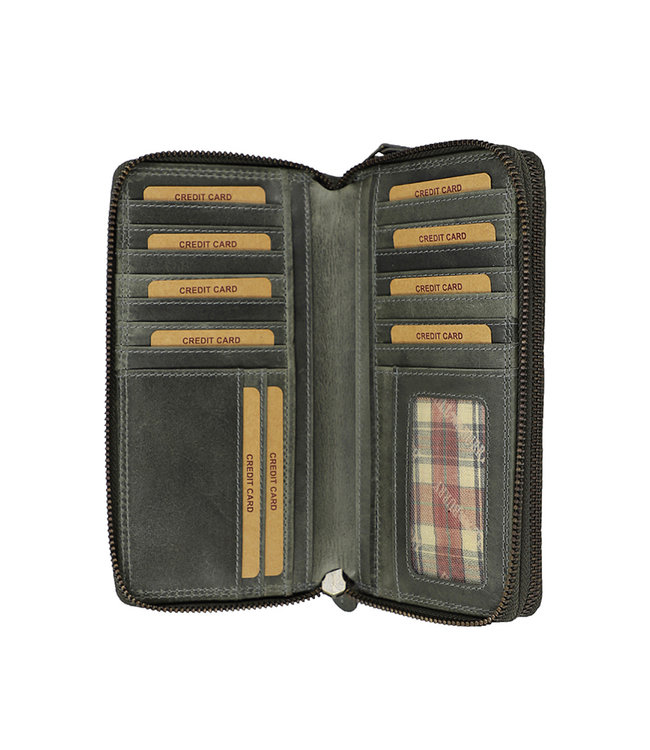 HillBurry Dames Portemonnee met Dubbele Rits - RFID - Premium Zip Around Vrouwen Portefeuille - Vintage Leer - Grijs