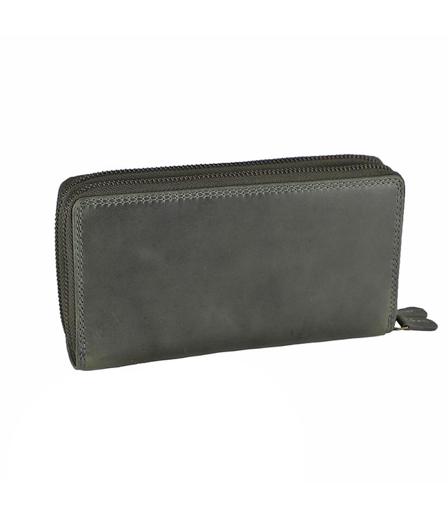 HillBurry Dames Portemonnee met Dubbele Rits - RFID - Premium Zip Around Vrouwen Portefeuille - Vintage Leer - Grijs