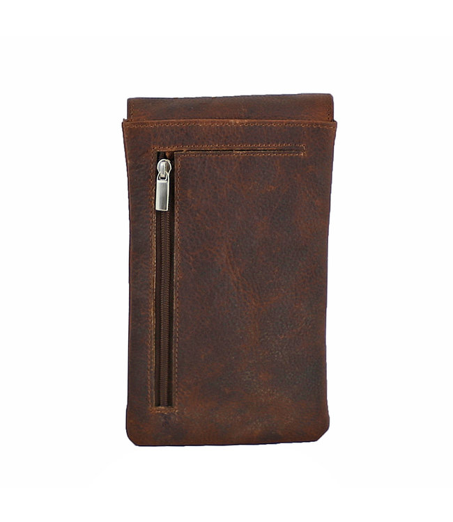 Landley Leren Dames Telefoontasje - Klein Schoudertasje - Phone Wallet - Antique Vintage Leer - Donker Cognac / Bruin
