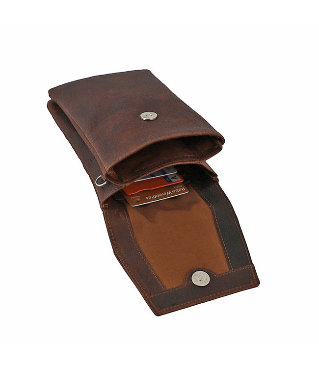 Landley Leren Dames Telefoontasje - Klein Schoudertasje - Phone Wallet - Antique Vintage Leer - Donker Cognac / Bruin