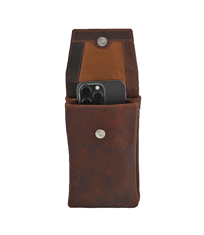Landley Leren Dames Telefoontasje - Klein Schoudertasje - Phone Wallet - Antique Vintage Leer - Donker Cognac / Bruin