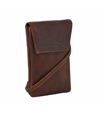 Landley Leren Dames Telefoontasje - Klein Schoudertasje - Phone Wallet - Antique Vintage Leer - Donker Cognac / Bruin