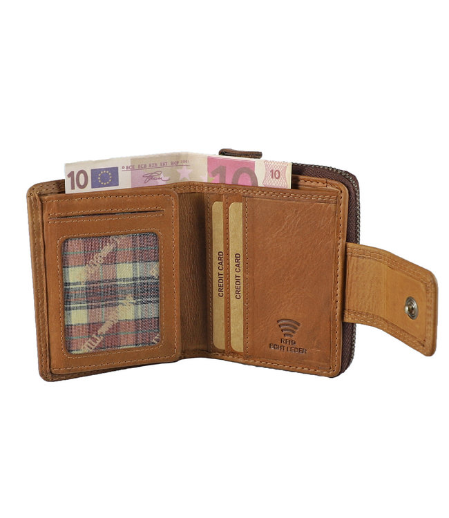HillBurry Compacte Dames Portemonnee met Clip en Rits - Leren Portefeuille - Klein Model - RFID - Leer - Bruin