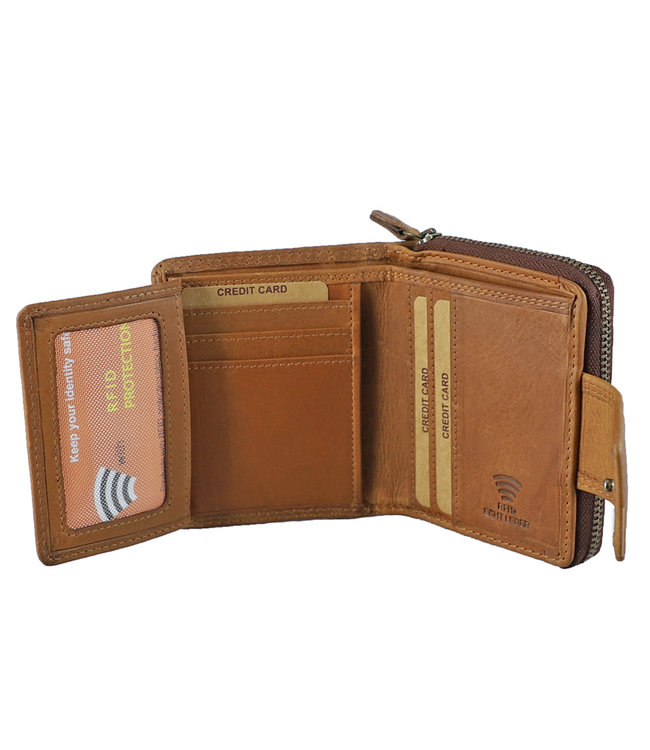 HillBurry Compacte Dames Portemonnee met Clip en Rits - Leren Portefeuille - Klein Model - RFID - Leer - Bruin