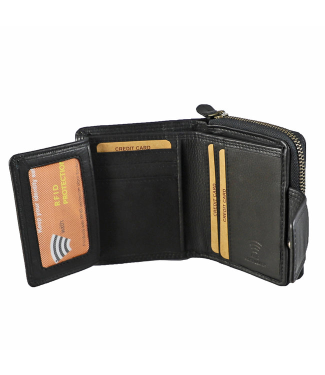 HillBurry Compacte Dames Portemonnee met Clip en Rits - Leren Portefeuille - Klein Model - RFID - Leer - Zwart