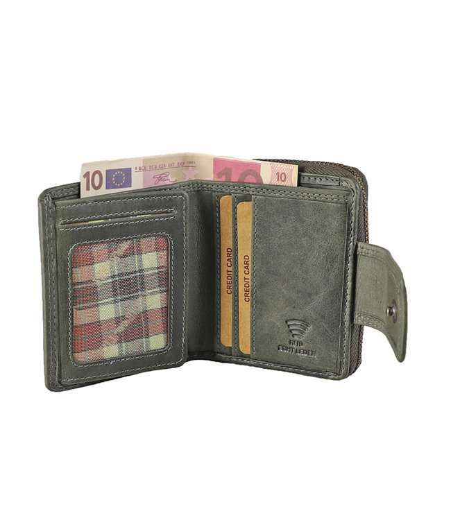 HillBurry Compacte Dames Portemonnee met Clip en Rits - Leren Portefeuille - Klein Model - RFID - Leer - Grijs