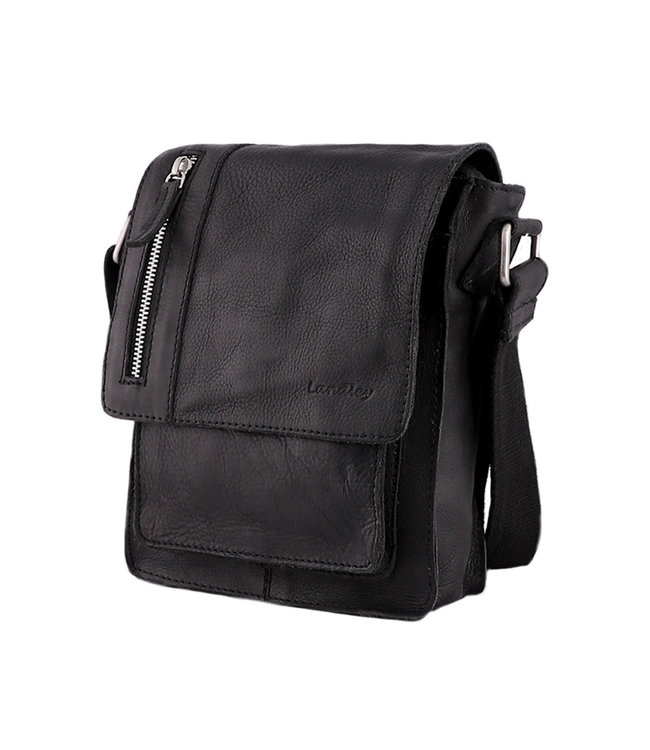 Landley Leren Schoudertasje met sluitflap - Dames en Heren - Antique Vintage Pull-up Leer - Zwart