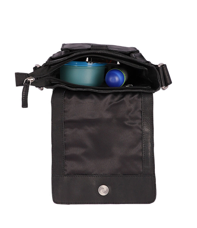 Landley Leren Schoudertasje met sluitflap - Dames en Heren - Antique Vintage Pull-up Leer - Zwart