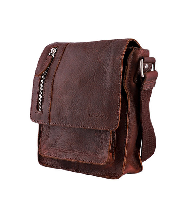 Landley Leren Schoudertasje met sluitflap - Dames en Heren - Antique Vintage Pull-up Leer - Donker Cognac / Bruin