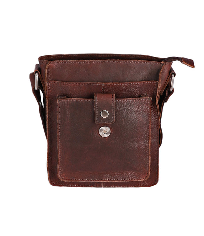 Landley Leren Schoudertasje met sluitflap - Dames en Heren - Antique Vintage Pull-up Leer - Donker Cognac / Bruin