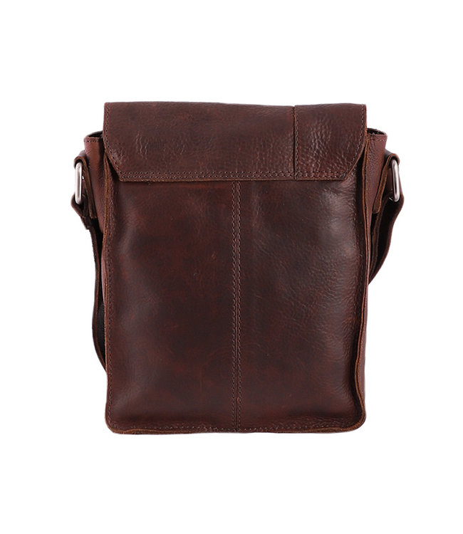 Landley Leren Schoudertasje met sluitflap - Dames en Heren - Antique Vintage Pull-up Leer - Donker Cognac / Bruin