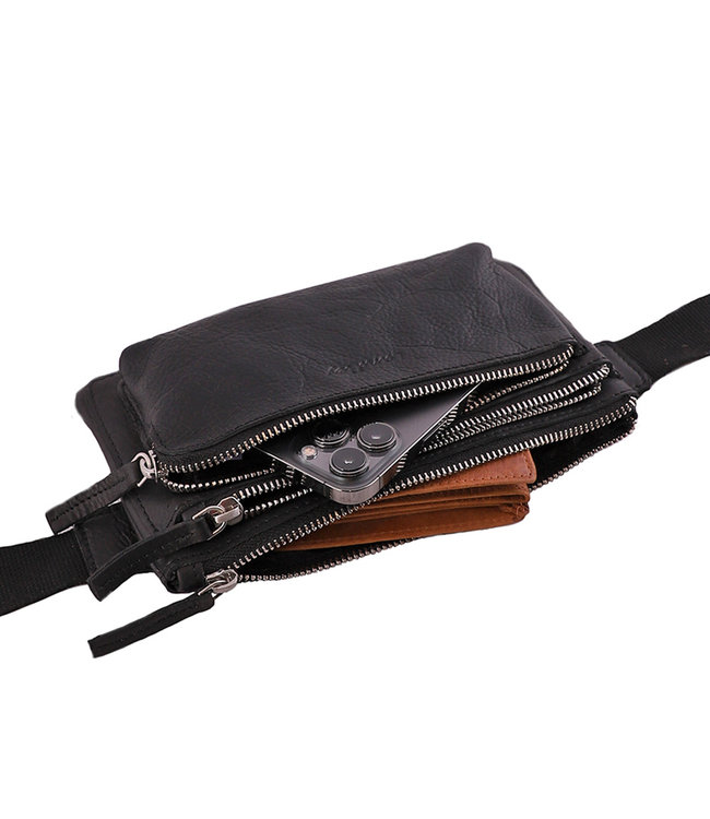 Landley Leren Heuptas met 3 ritsen - Dames en Heren - Moderne Buideltas - Fanny Pack - Antique Vintage Pull-up Leer - Zwart