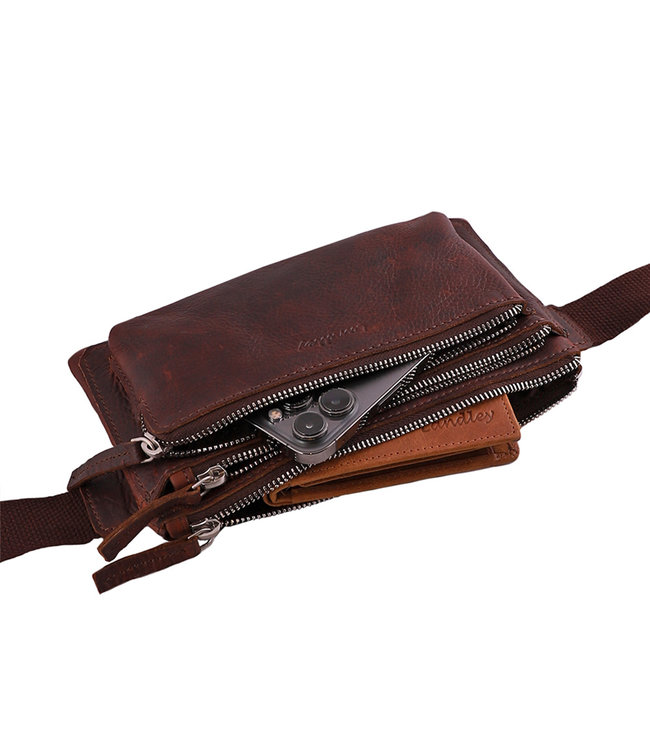 Landley Leren Heuptas met 3 ritsen - Dames en Heren - Moderne Buideltas - Fanny Pack - Antique Vintage Pull-up Leer - Donker Cognac / Bruin
