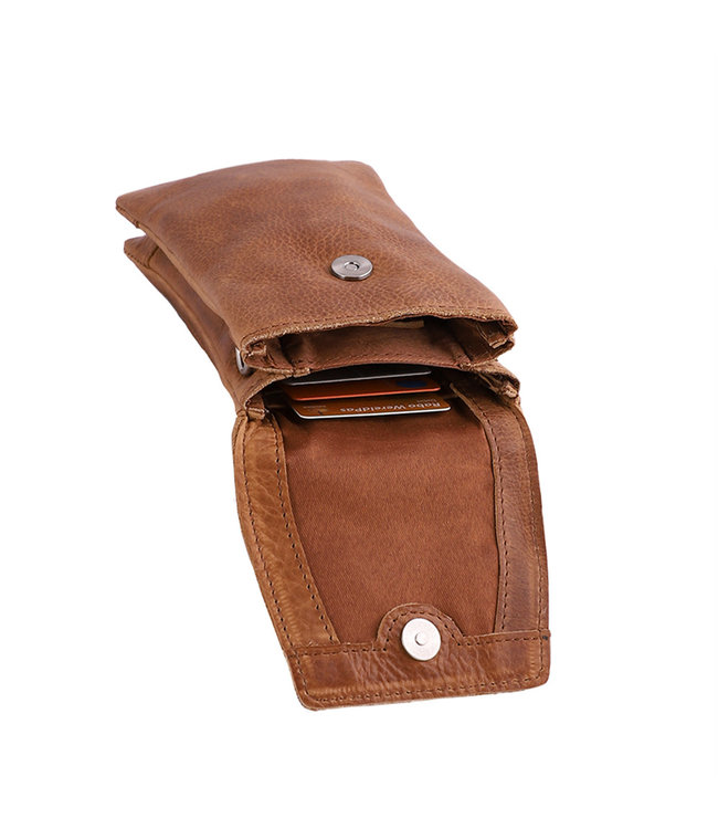 Landley Leren Dames Telefoontasje - Klein Schoudertasje - Phone Wallet - Antique Vintage Leer - Cognac